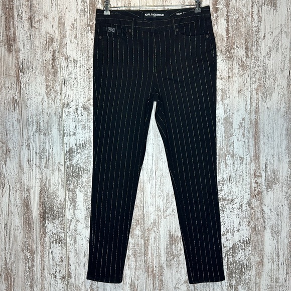 KARL LAGERFELD PARIS Women's Mid Rise Slim Leg Metallic-Stripe Jeans Sz 10 - Picture 2 of 11